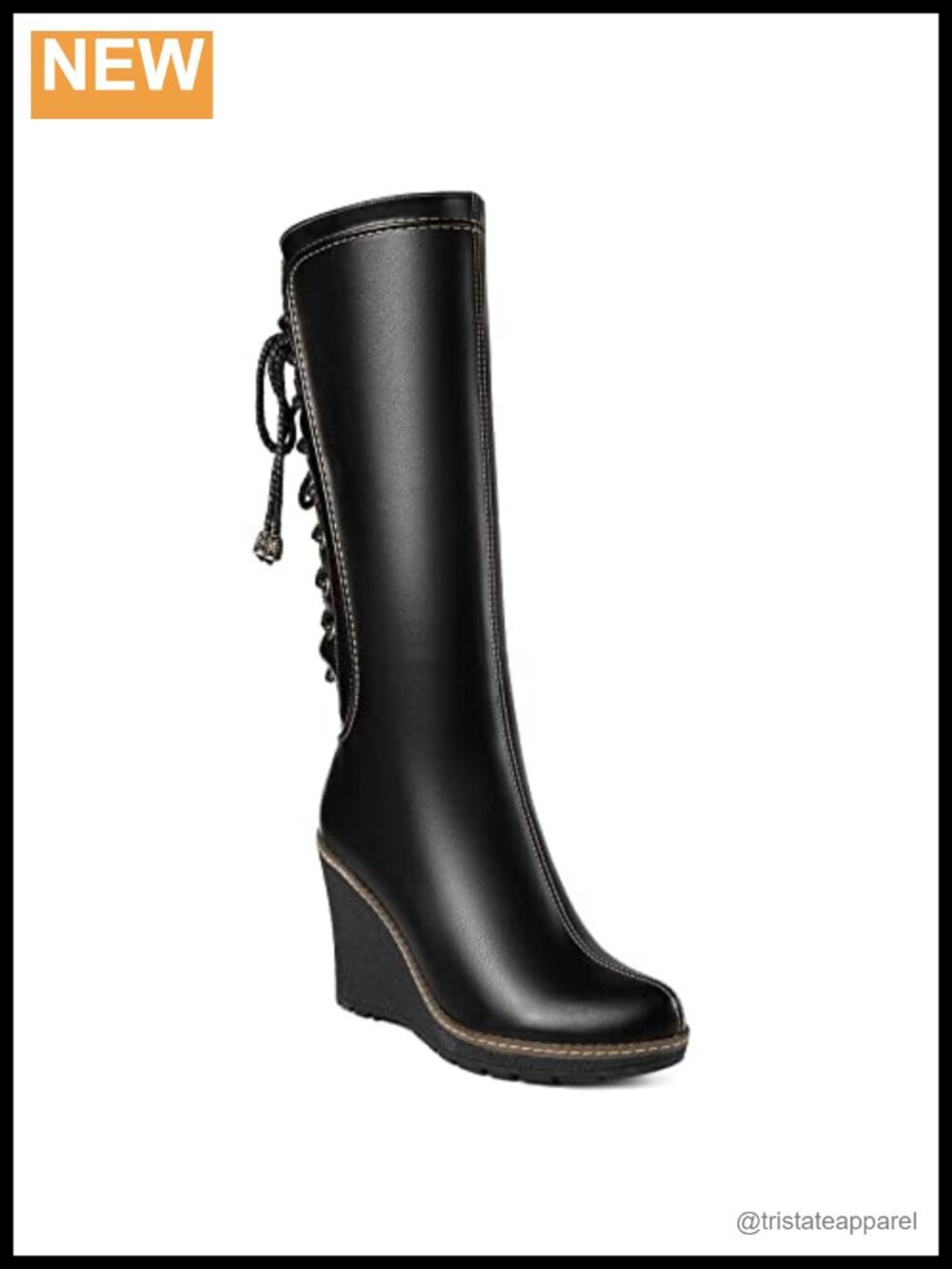 Faux Leather Knee-High Lace-Up Wedge Boots with Side Zip